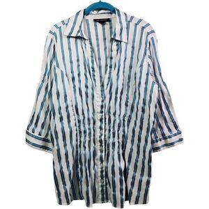 Ashley Stewart White Blue Striped V Neck Blouse
